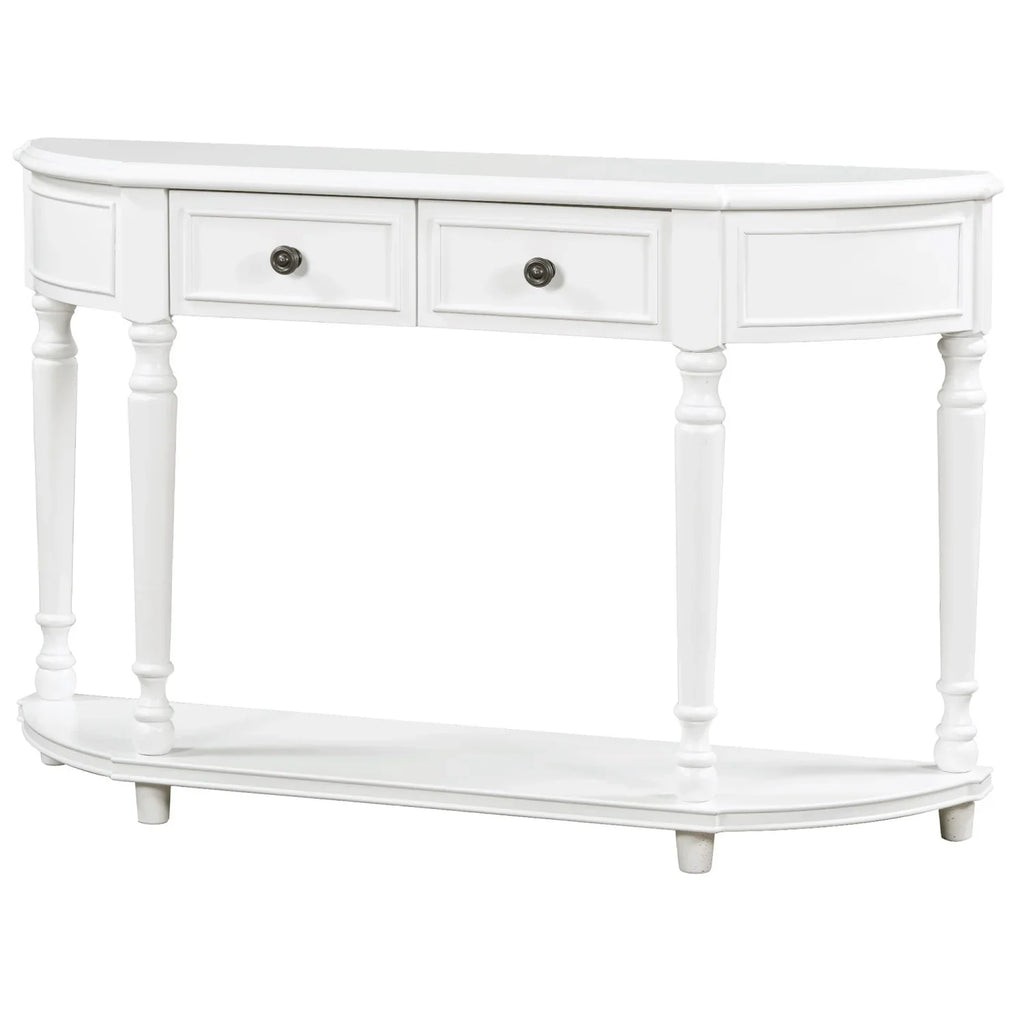 Retro Circular Curved Design Console Table with Open Style Shelf Solid Wooden Frame and Legs Two Top Drawers (White     )