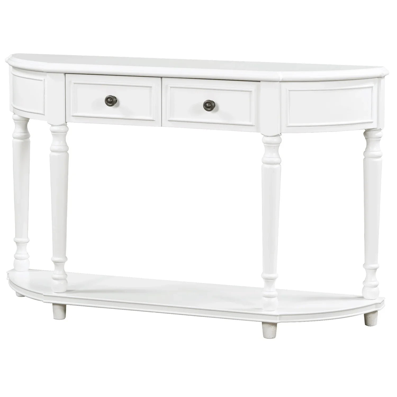 Retro Circular Curved Design Console Table with Open Style Shelf Solid Wooden Frame and Legs Two Top Drawers (White     )