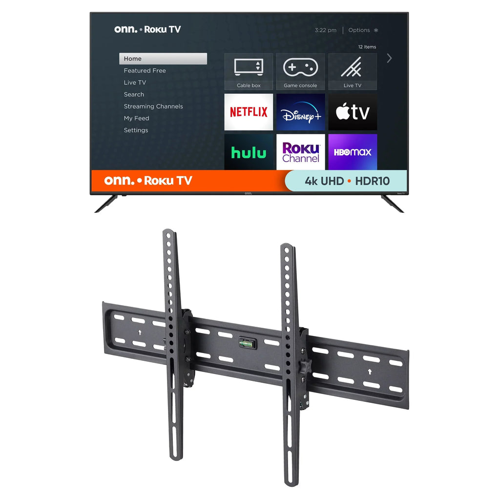 Onn 65" 4k Roku 4K with a onn. Tilting  Wall Mount for 50" to 86" 's, up to 12Â° Tilting