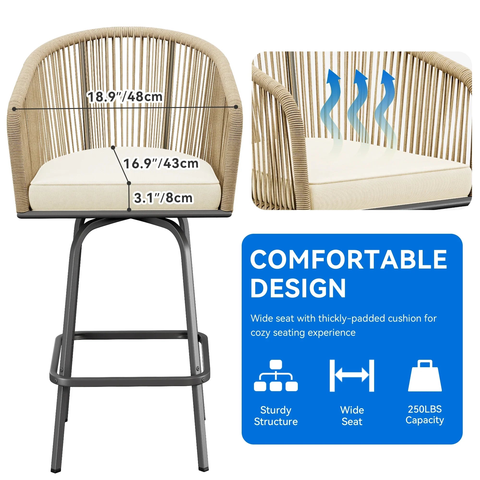 Dextrus Set of 4 Swivel Woven Patio Bar Stools, Outdoor Bar Chairs with Comfortable Back Cushions for Backyard Pool Area, Garden with 360-Degree Rotation (Light Yellow and Beige Color Scheme)