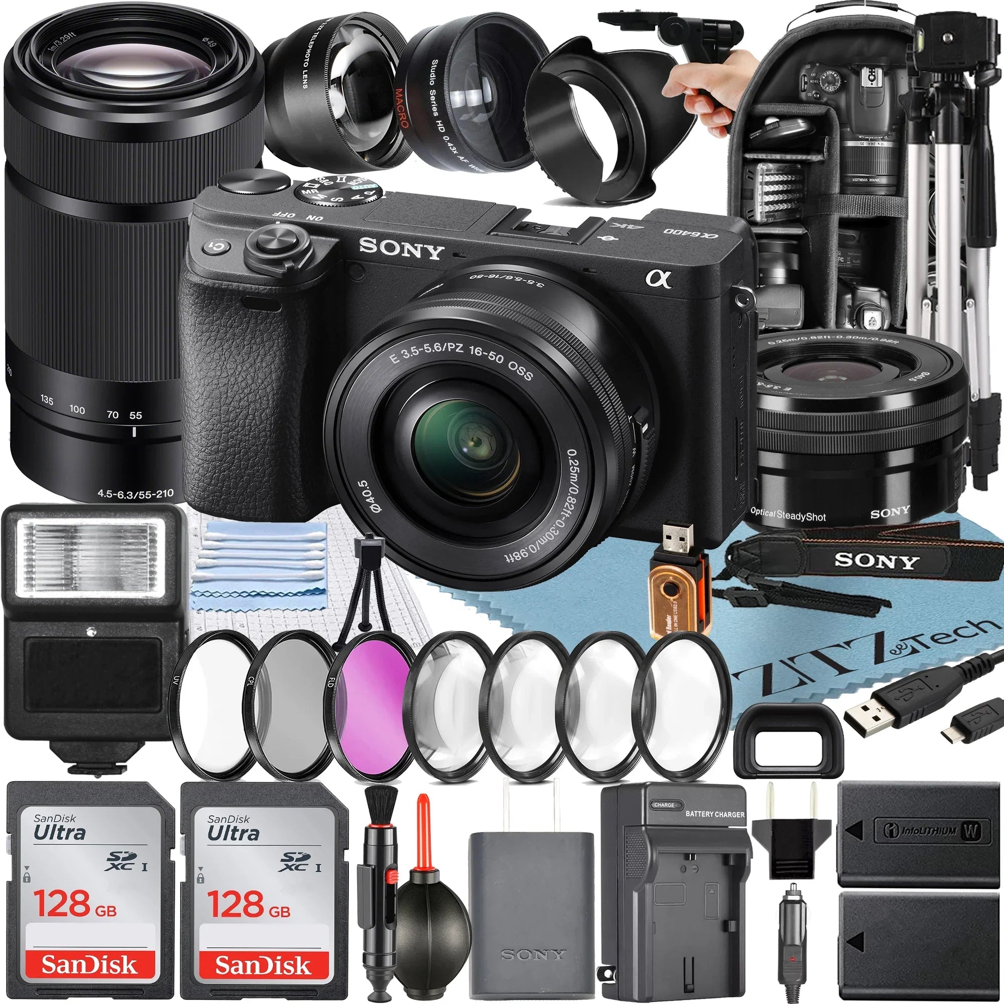 Sony Alpha a6400 Mirrorless Digital Camera with   16-50mm +  55-210mm  Lens + 2 Pack SanDisk 128GB Card + Backpack + ZeeTech Accessory Bundle