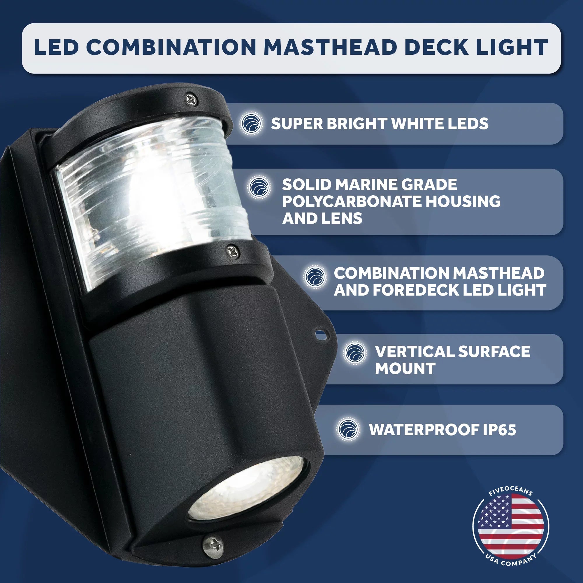 Five Oceans Combination Masthead and Deck Light,  Masthead Deck Spreader Light, 12V, Vertical Mount for Sailvessel -