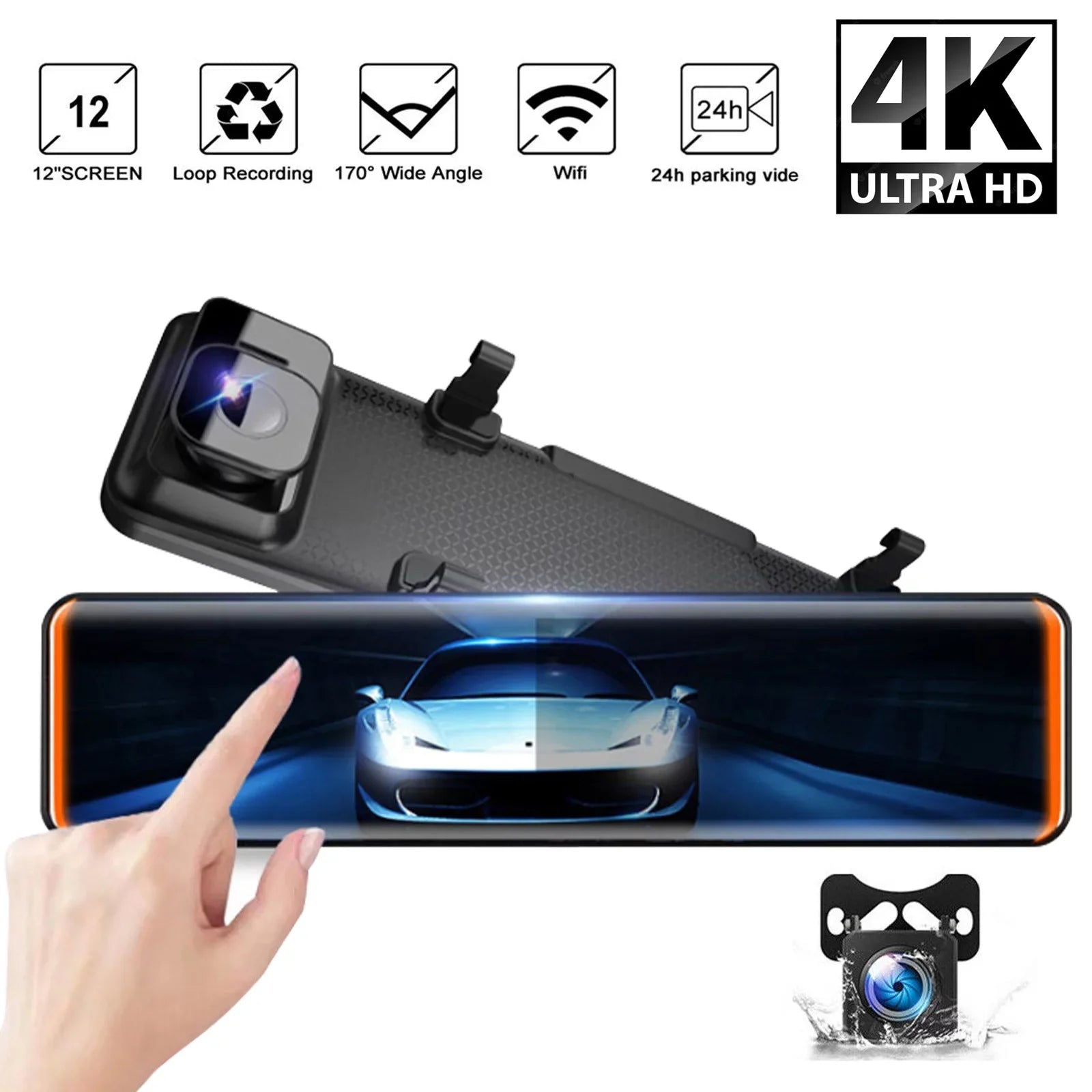 Car Rear View Mirror Camera Dual Dash Cam  Video Recorder Driving Recorder with Night Vision Panoramic Rearview Mirror with 4K 12" Full Touch Screen