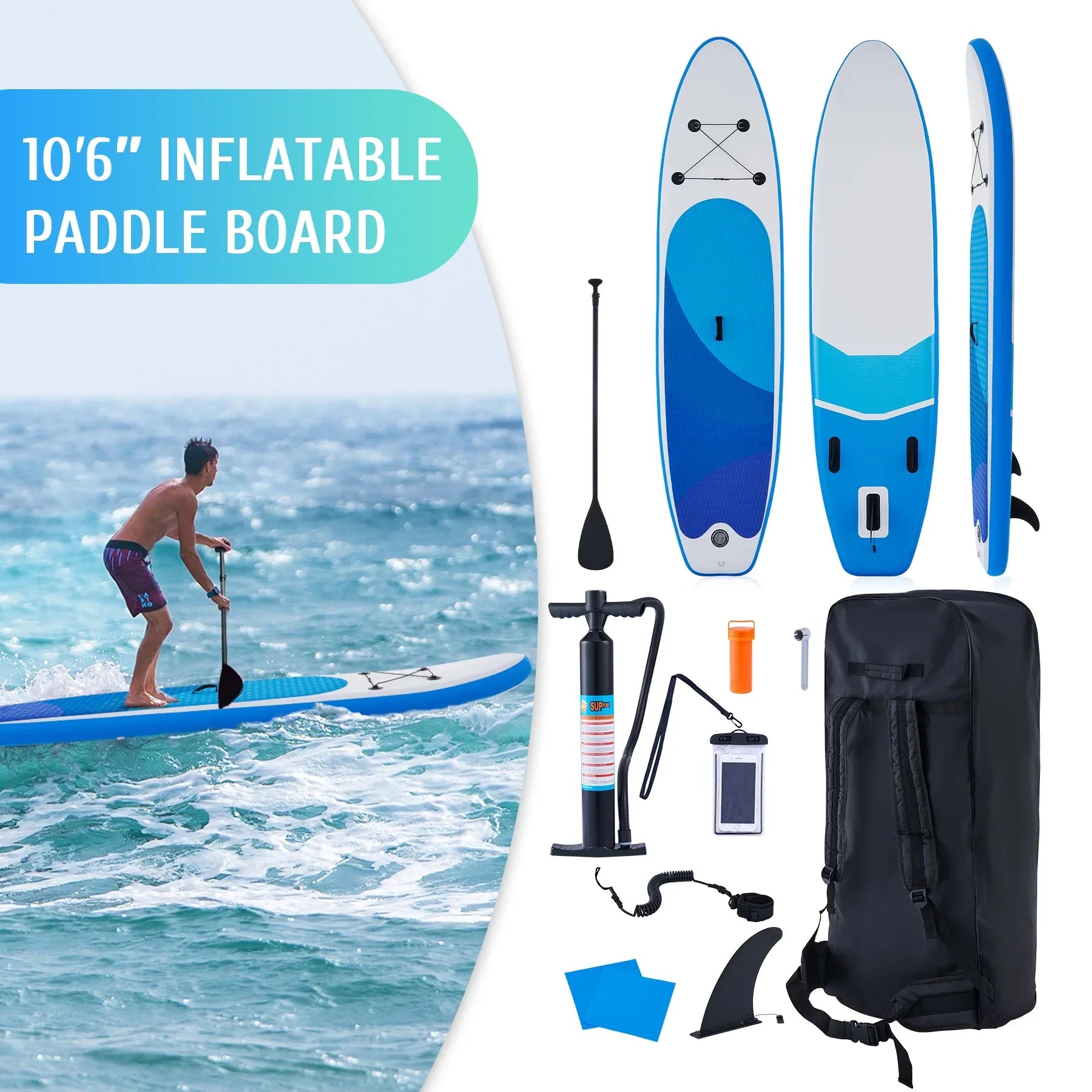 Preenex 10'6" Hybrid Paddle Board for Adults Inflatable  Board w Accessory Set, Blue