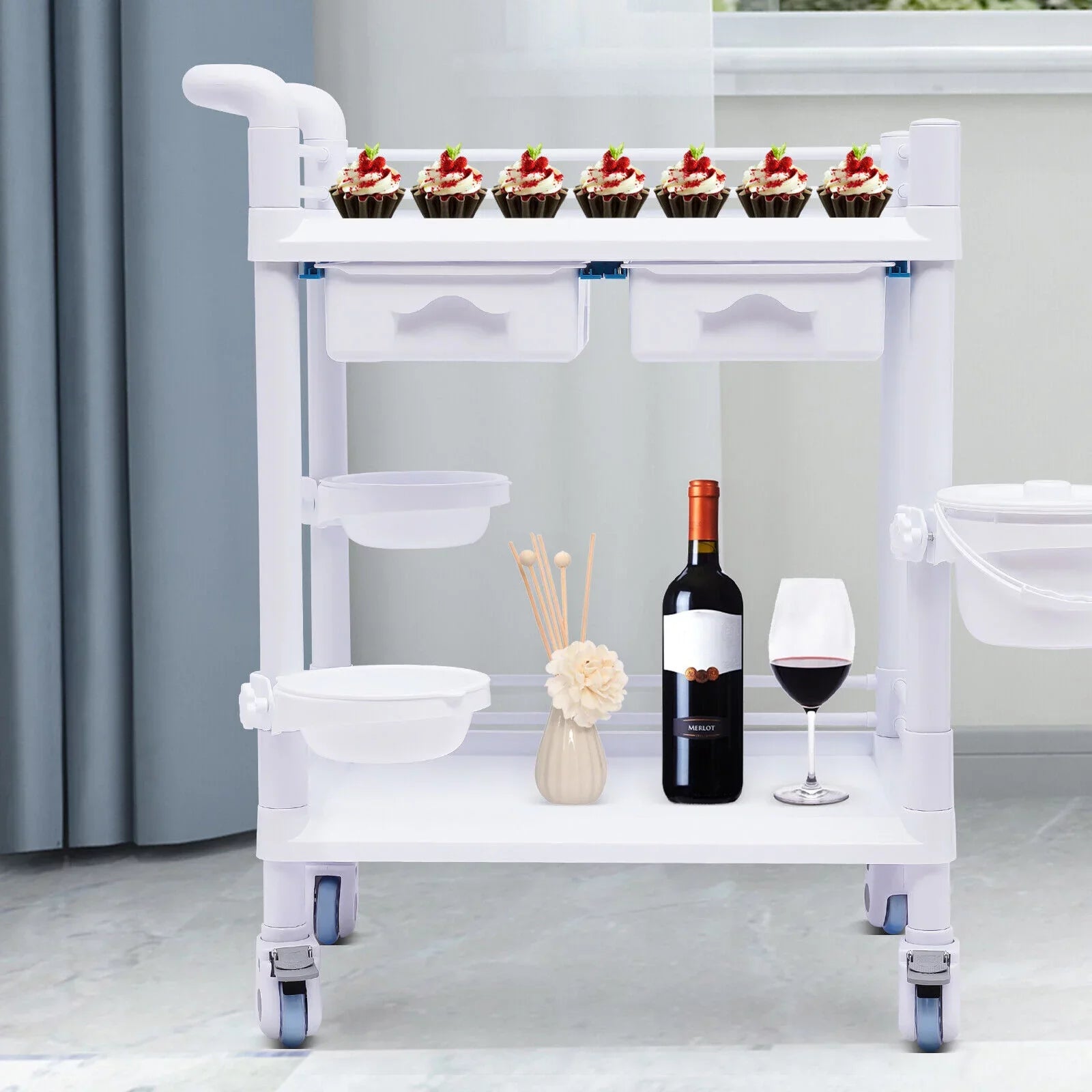 Miumaeov Medical Trolley 2 Tier Spacious Beauty Salon Rolling Trolley with Dirt Buckets Drawers 360°Rotate Wheels Heavy Duty Medical Utility Cart for Hospital Dental Clinic