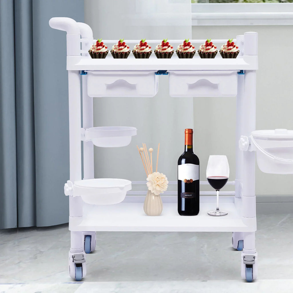 2 Tier Rolling Beauty Spa Trolley Cart, Mobile Utility Cart Trolley Spacious Spa Beauty Salon Rolling Trolley with 360°Rotate Wheels for Hospital Dental Clinic Beauty Salon