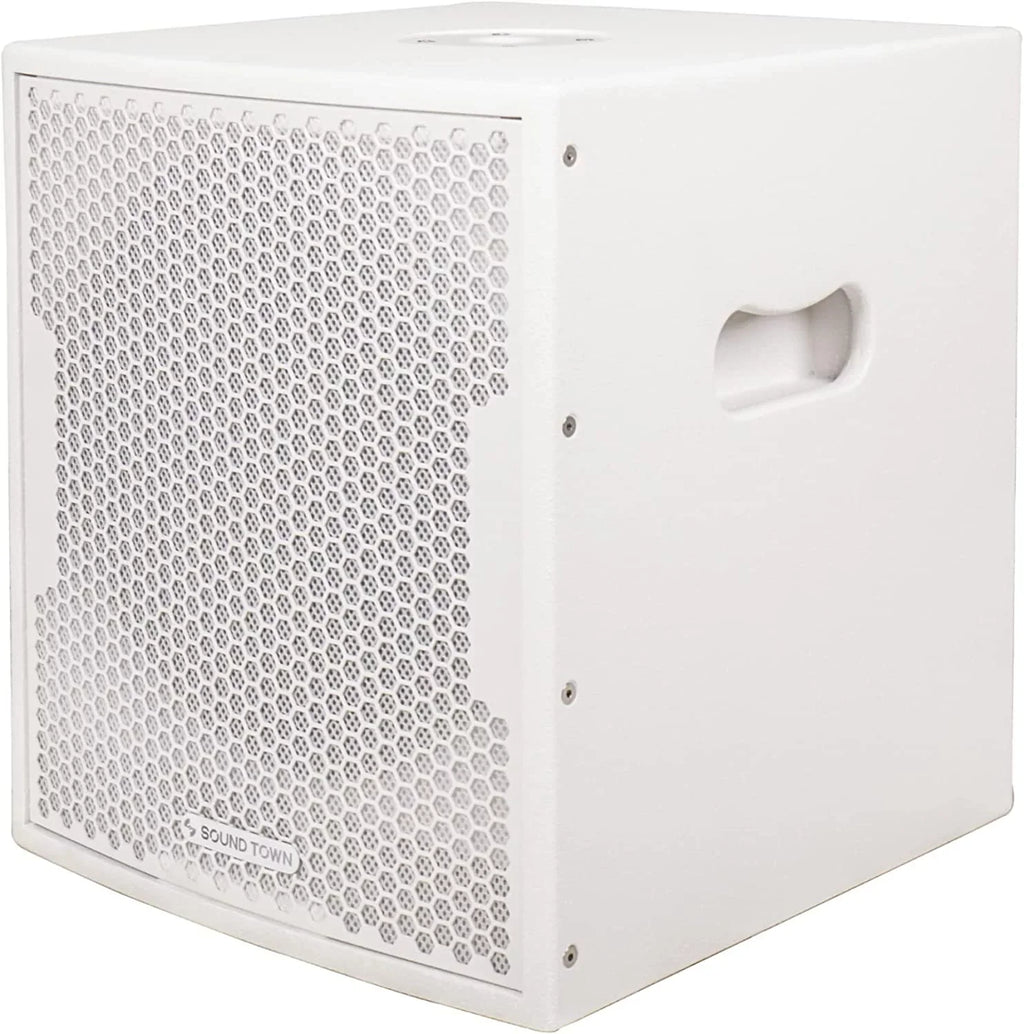 Sound Town 1400 Watts 12” Powered   Subwoofer with 2 Speaker Outputs, Folded Horn Design, White for Live Sound, Stage, Church, Lounge, Bar (-12DSWPW)