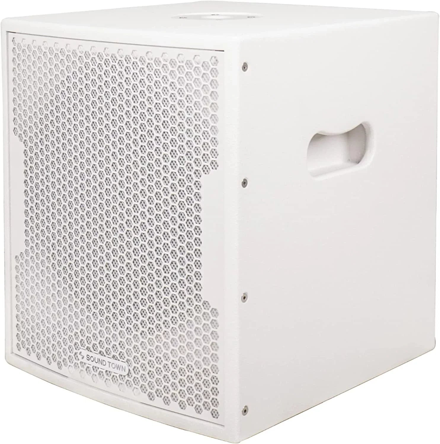 Sound Town 1400 Watts 12” Powered   Subwoofer with 2 Speaker Outputs, Folded Horn Design, White for Live Sound, Stage, Church, Lounge, Bar (-12DSWPW)