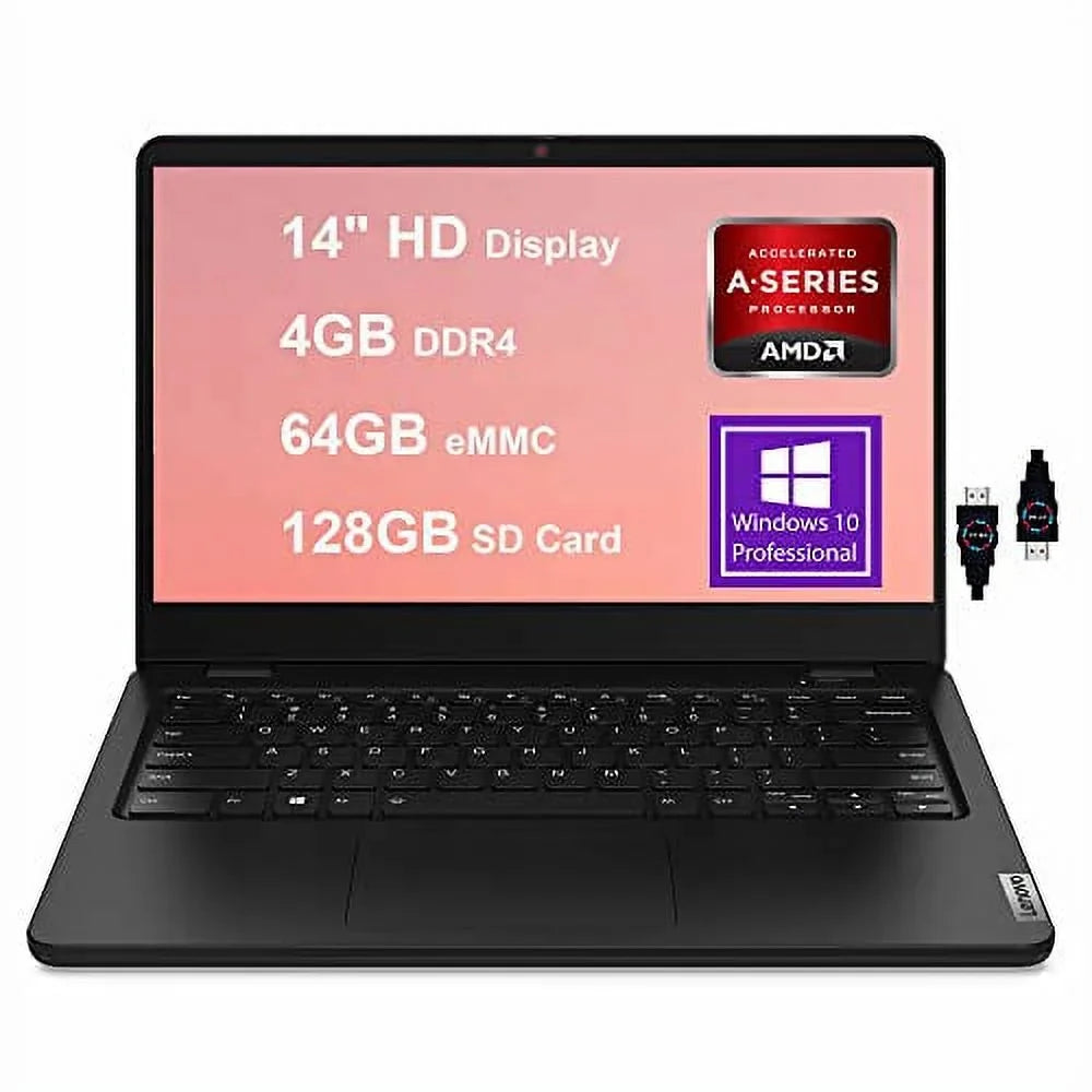 Lenovo Ideapad 14W Gen 2 14 Business Laptop | 14"  Anti-Glare Display |  3000 Series 3015e Processor | 4GB  64GB eMMC 128GB  Card |  Radeon Graphic  Win10 Pro Black +  Cable