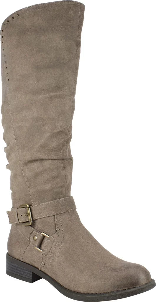 Womens Beige Studded Stretch Gore Cushioned Wide Calf Ruched Buckle Accent Liona Round Toe Block Heel Zip-Up Riding Boot 5