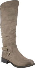 Womens Beige Studded Stretch Gore Cushioned Wide Calf Ruched Buckle Accent Liona Round Toe Block Heel Zip-Up Riding Boot 5