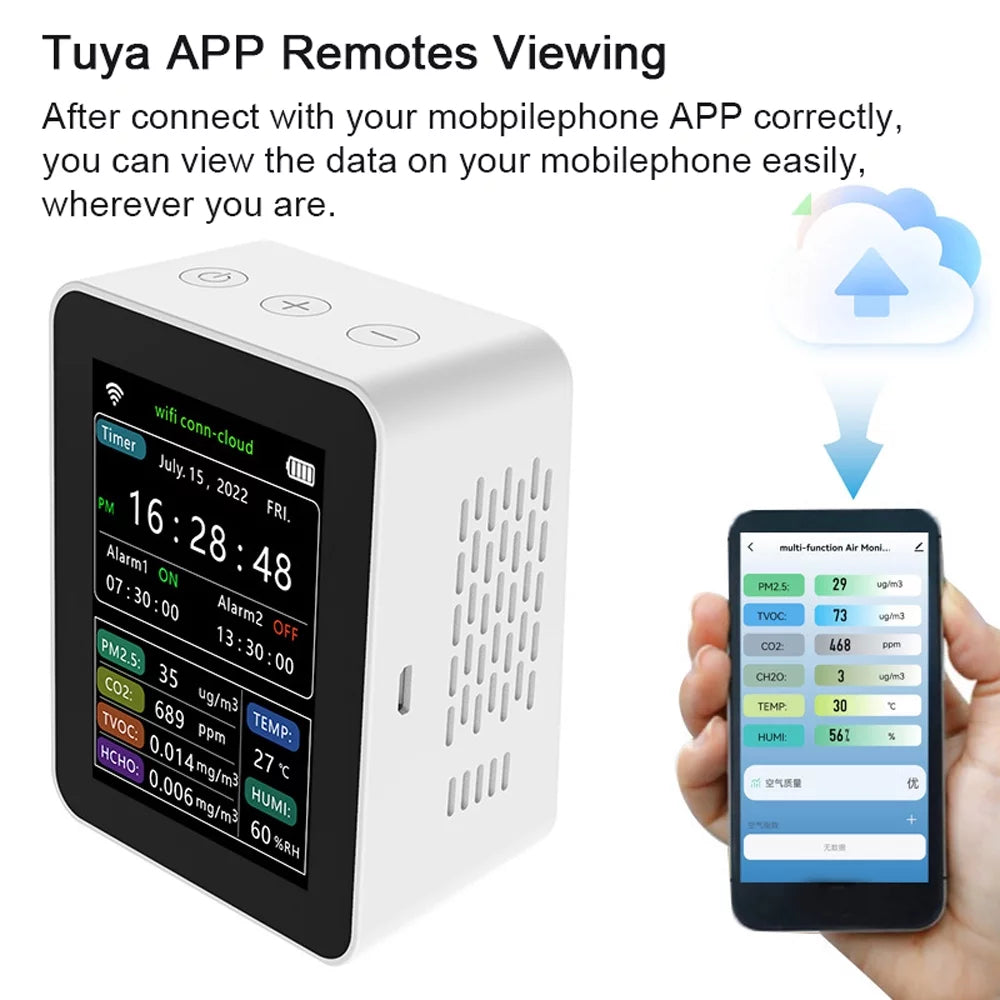 Carevas WiFi Intelligent Air Quality Detector .5    Humidity 6 In 1 Detector Time Date Week Display Mobilephone  Remotes Viewing 2 Sets Alarm Home Indoor Desktop Air Quality Moni