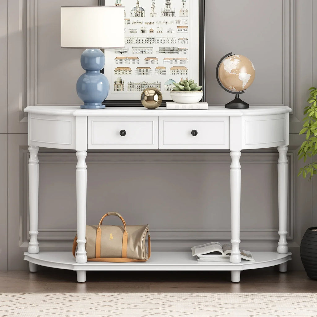 Retro Circular Curved Design Console Table with Open Style Shelf Solid Wooden Frame and Legs Two Top Drawers (White     )
