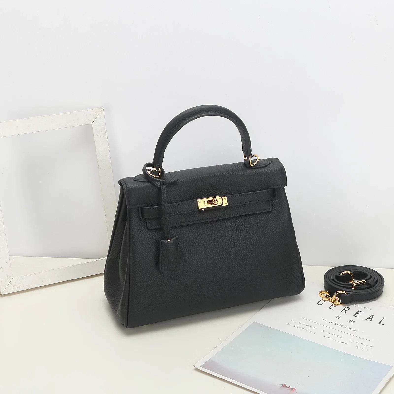 Genuine Leather Handbag for Women,Large Crossbody Bags with Wide Shoulder Strap,Black Purse 28#