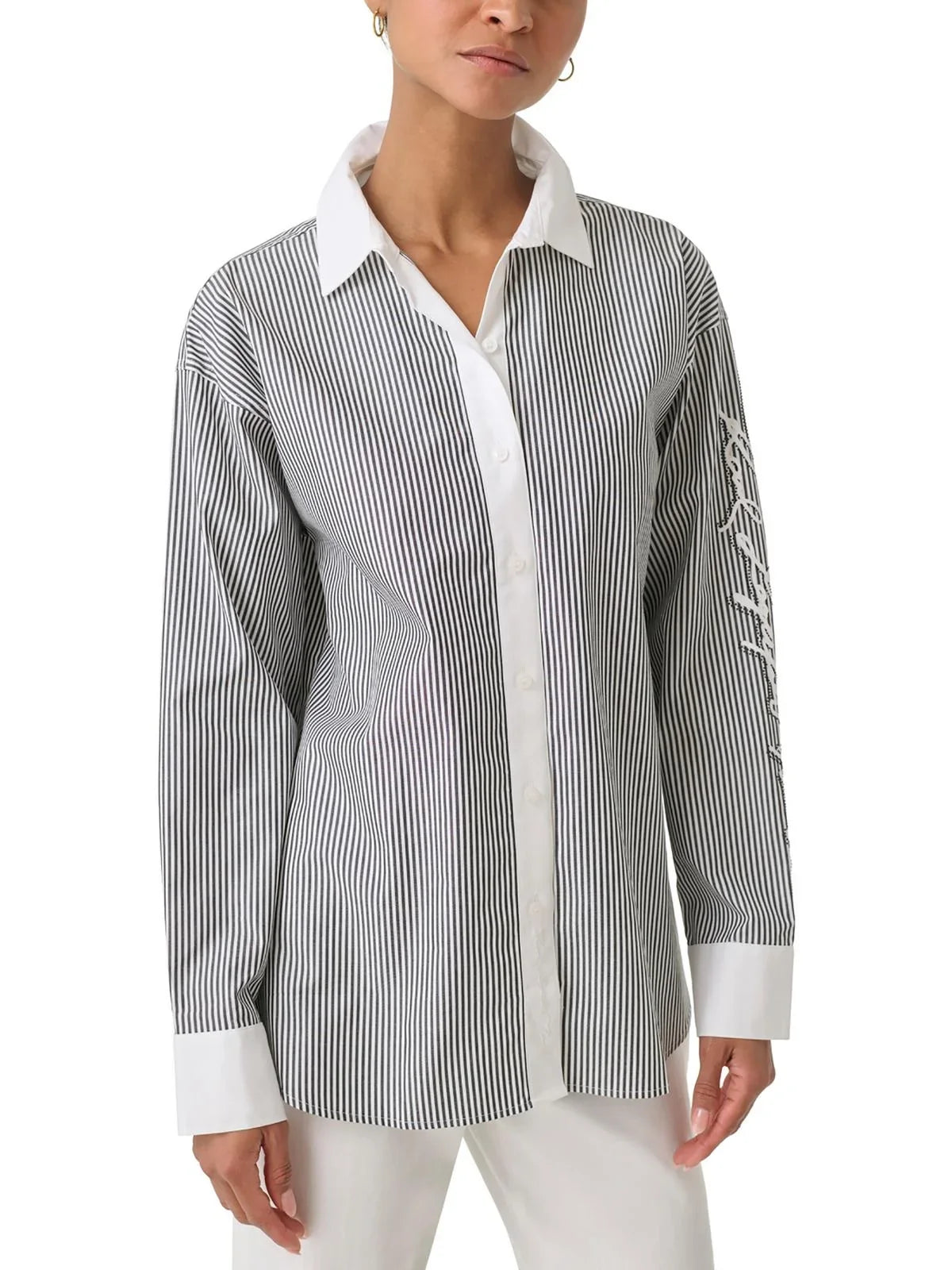 Karl Lagerfeld Paris Womens Striped Cotton Button-Down Top
