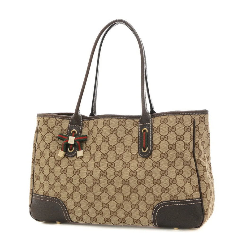 Pre-Owned Gucci  Pattern Princess Ribbon Tote Bag Canvas Leather Beige Brown 163805 (Good)