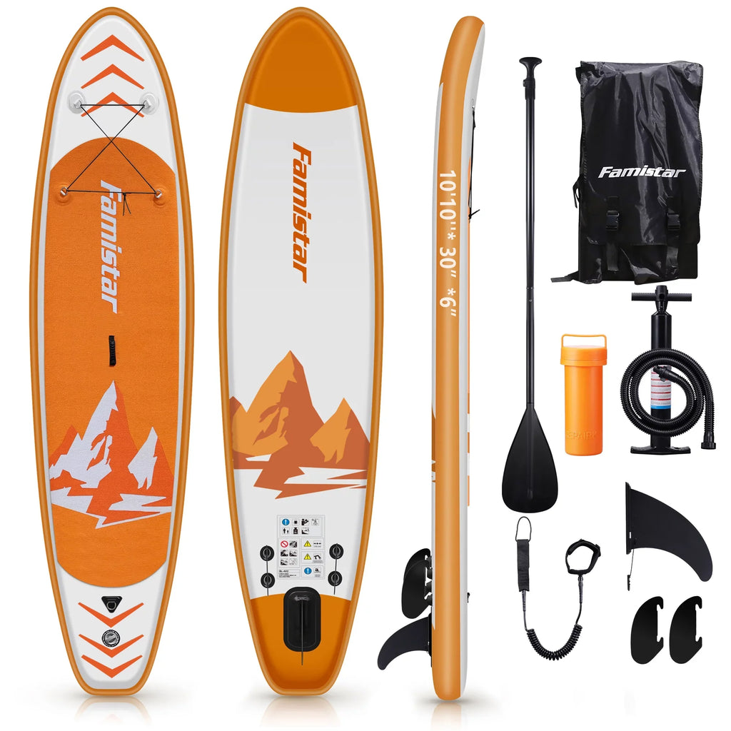 Famistar 10' Inflatable Stand Up Paddle Board (6"Thick) with / 3 Pins | Wide Stance, Bottom Fin for Paddling, Surf Control, Non-Slip Deck |Youth & Adult Standing Boat-Orange