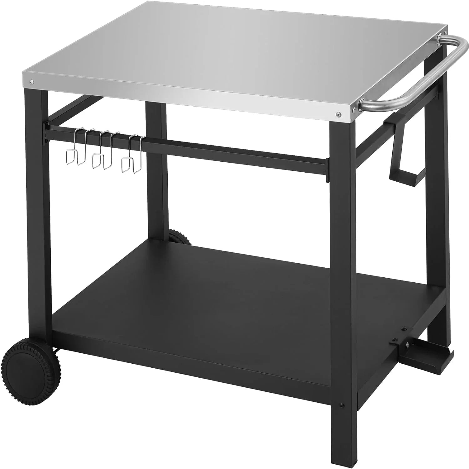 Double-Shelf Movable Dining Cart, Stainless Steel Worktable on 2 Wheels, Kitchen Food Prep Work Table, Outdoor Dining Room Bar Cart, Pizza Oven Table w/Hooks, Handle, .5 x .7 x .8