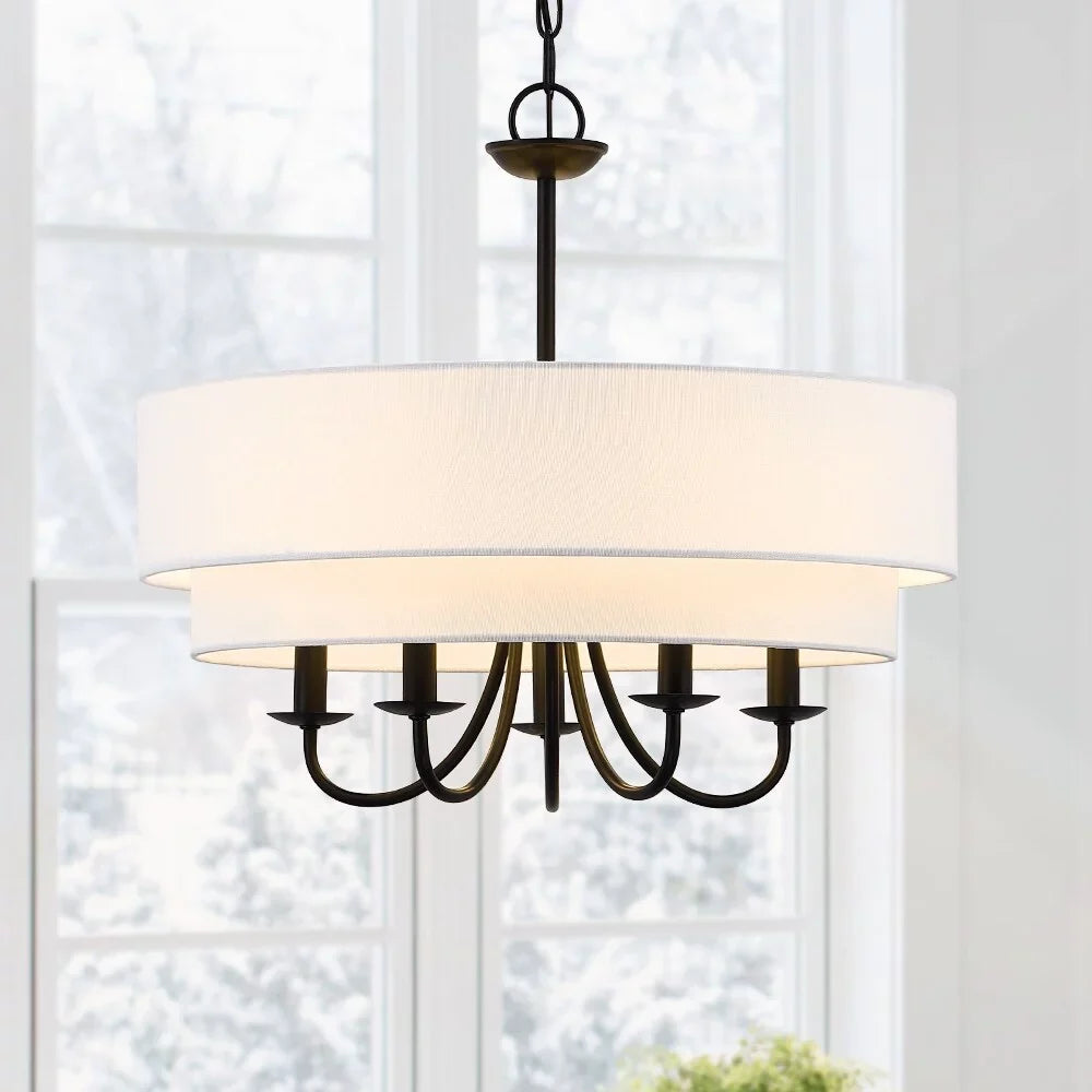 Martina 5-Light Black Chandelier Light with White Double Drum Shade - 21.5"