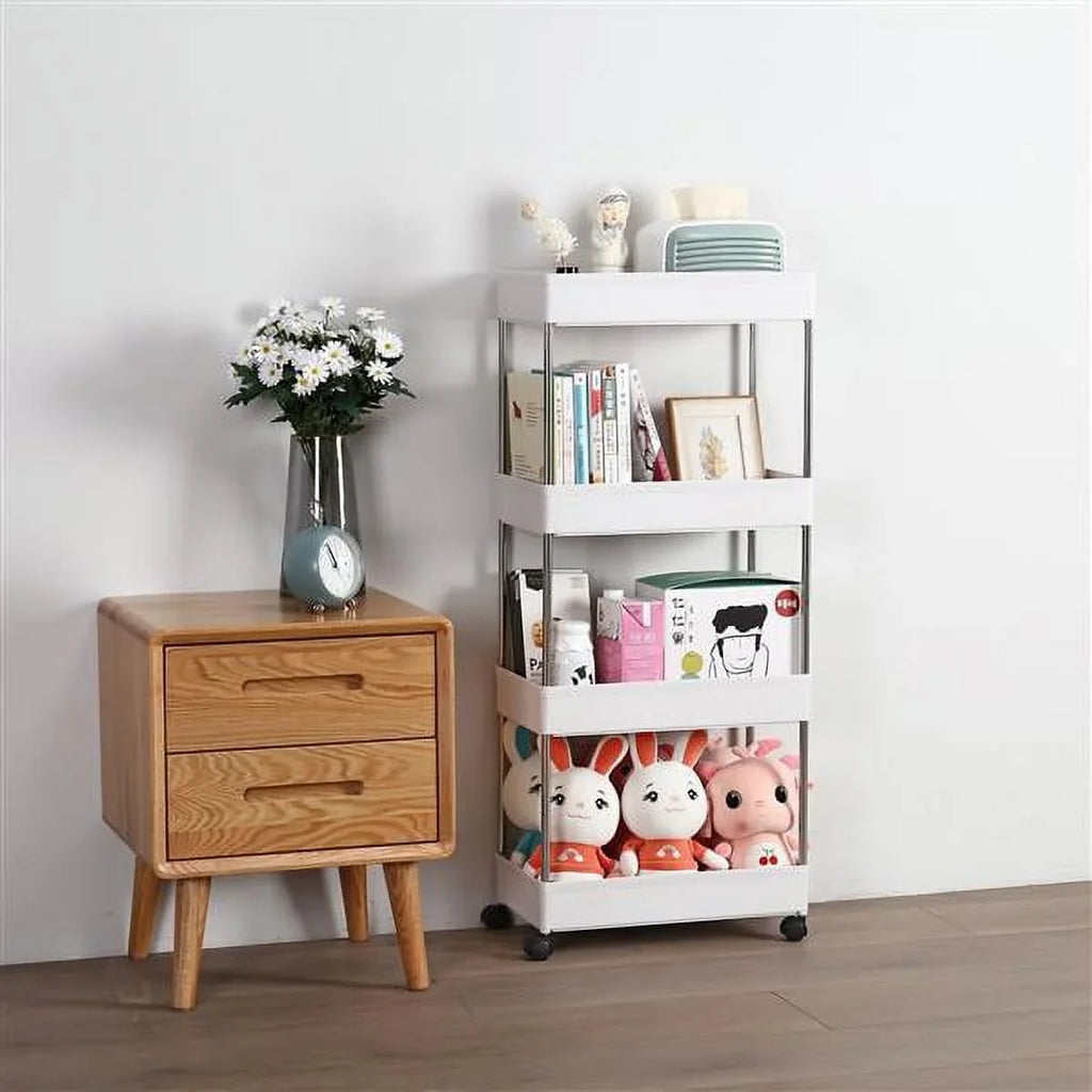 4-Tier Rolling Storage Cart with 4 hooks, Utility Cart with Wheels, for Kitchen, Bathroom, Laundry Room, Plastic and Stainless Steel, White