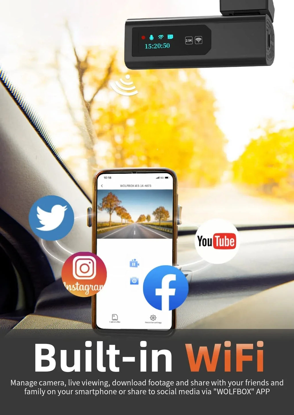 2.5K Full  Dash Cam, Dash Camera with WiFi, Loop Recording,  Control, Night Vision, -Sensor, 24 Hours Parking Monitor, Support 64GB Max