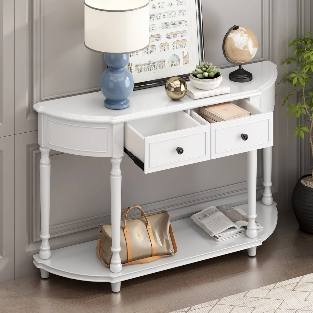 Retro Circular Curved Design Console Table with Open Style Shelf Solid Wooden Frame and Legs Two Top Drawers (White,  : )