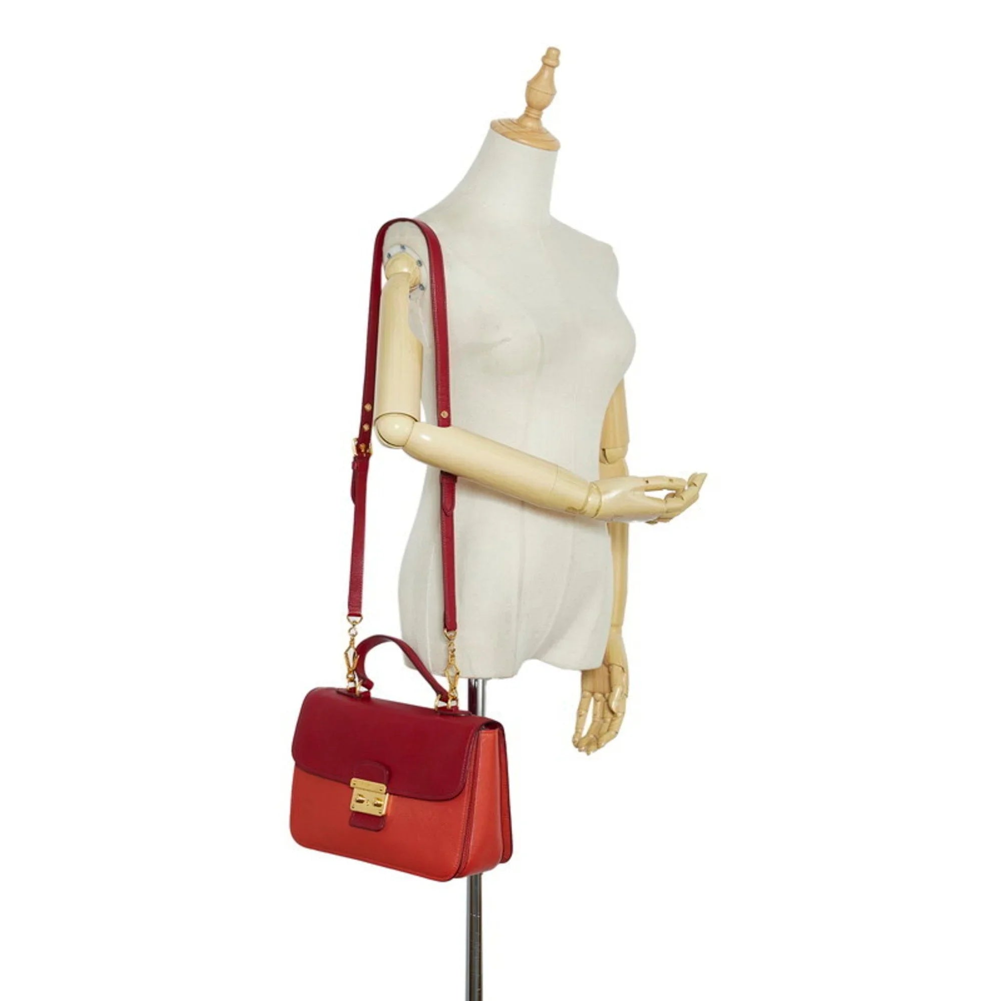 Pre-Owned Miu Miu Miu Madras Bicolor Handbag Shoulder Bag  Orange Red Leather Ladies  (Good)