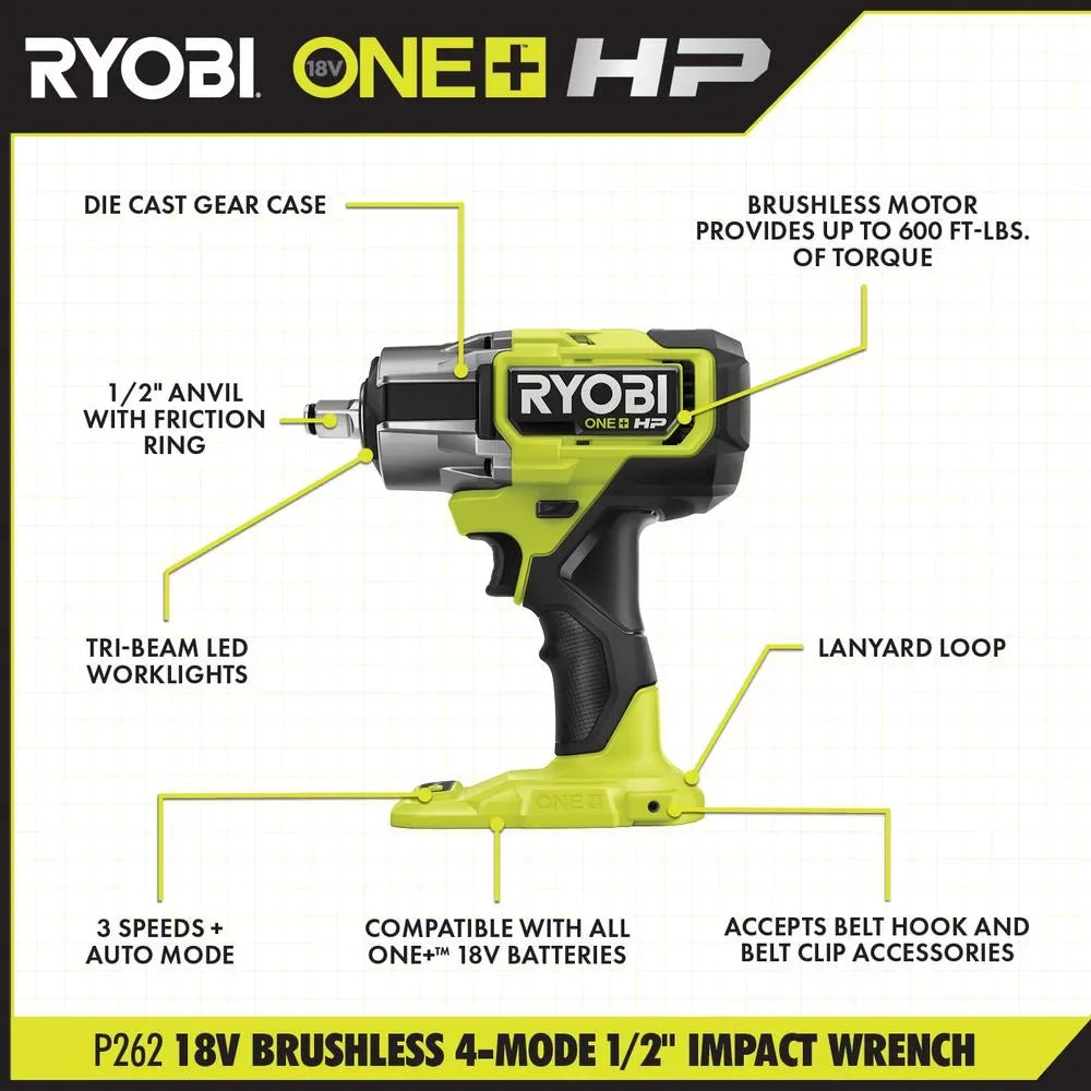 '+  18V Brushless Cordless 4-Mode 1/2 in. Impact Wrench (Tool Only) ()