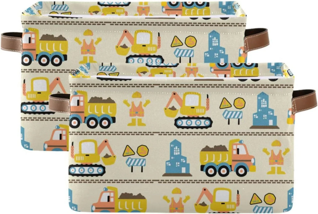 Coolnut Cartoon Construction Truck Storage Basket, Durable Canvas Organizer With Handles Large Collapsible Storage Bins Boxes for Home Office - 2 Pack