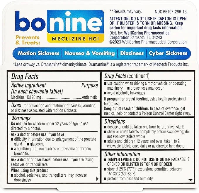 Bonine Chewable Tablets for Motion Sickness, Raspberry 16 ea (Pack of 3)