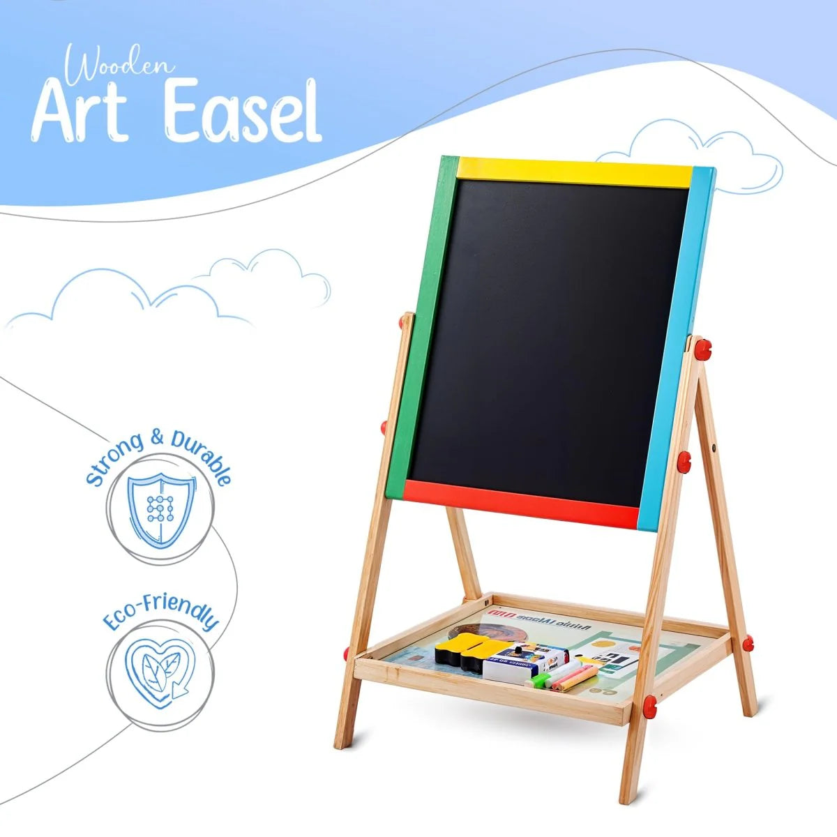 Double-Sided Wooden Kids Board with Tray, Adjustable Height