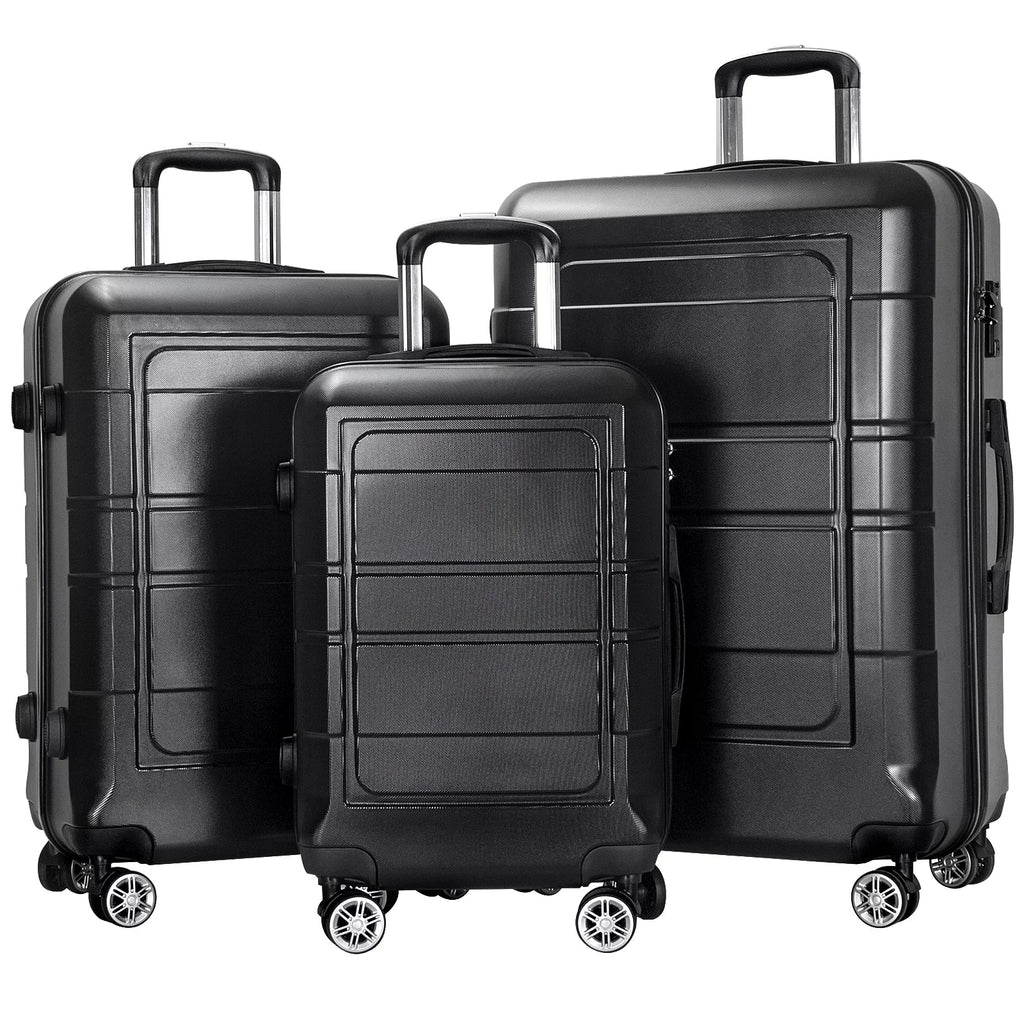 3 Pcs Hardside Luggage Set, with  Lock and 20"/24"/28" Luggage Bags, Black