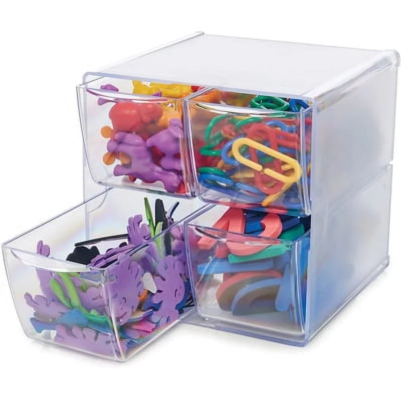 Deflecto-1PK Stackable Cube Organizer, 4 Compartments, 4 Drawers, Plastic, 6  7.2  6, Clear