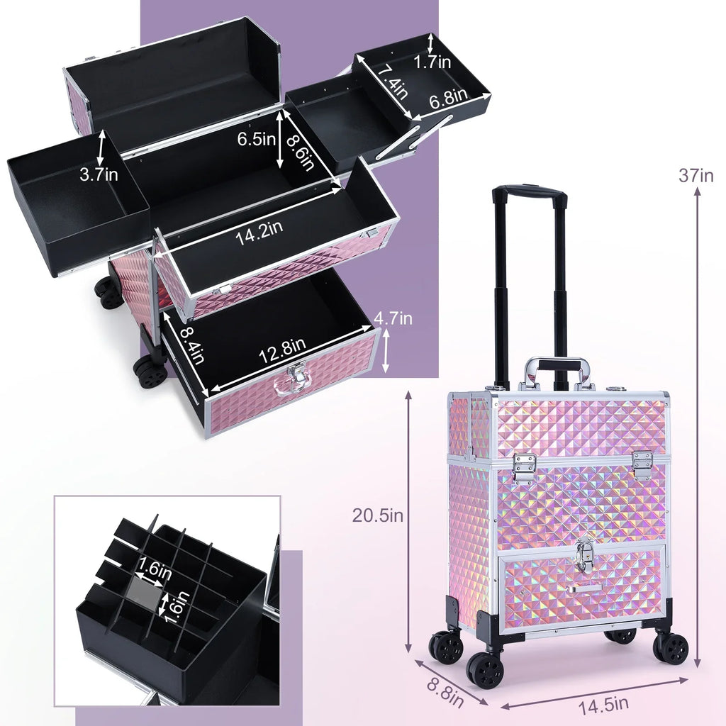 Joligrace Professional Rolling Makeup Case Cosmetic Trolley with Drawers, Pink