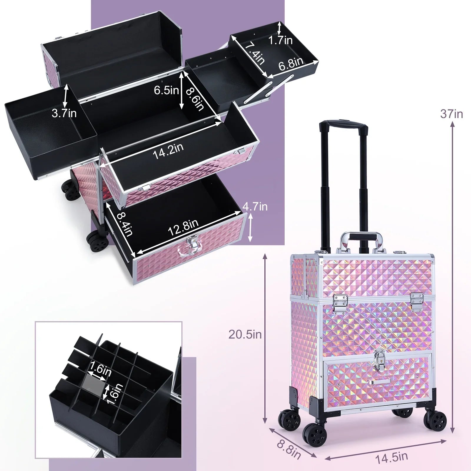 Joligrace Professional Rolling Makeup Case Cosmetic Trolley with Drawers, Pink