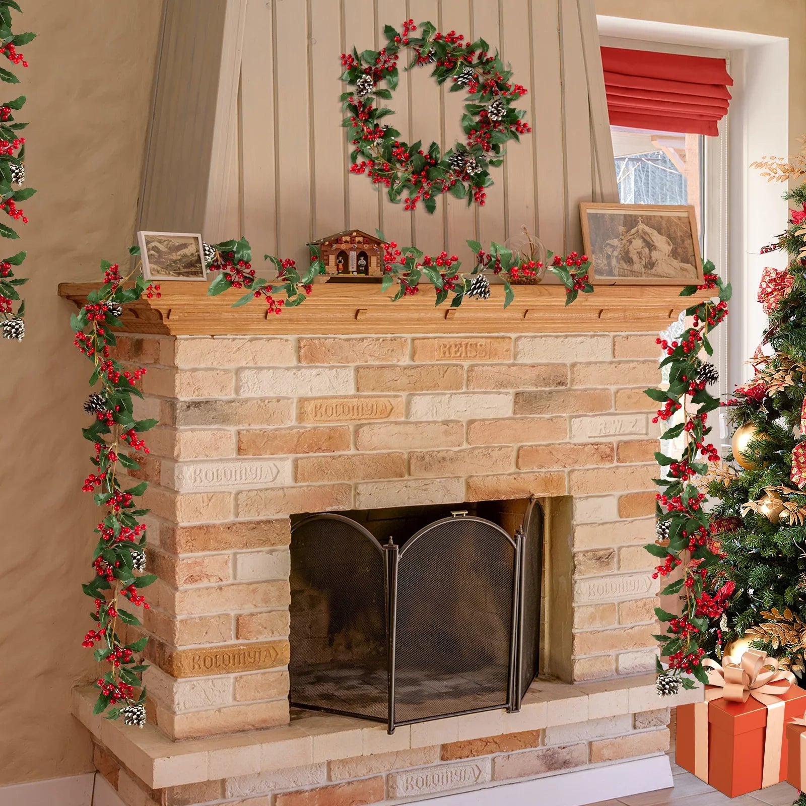 Blosmon Christmas Garland Decorations 2 Pcs 5.9Ft Artificial Red Berry Garland Christmas Leaves Pinecones Indoor Outdoor  for Fireplace Kitchen Door Party Holiday Decor