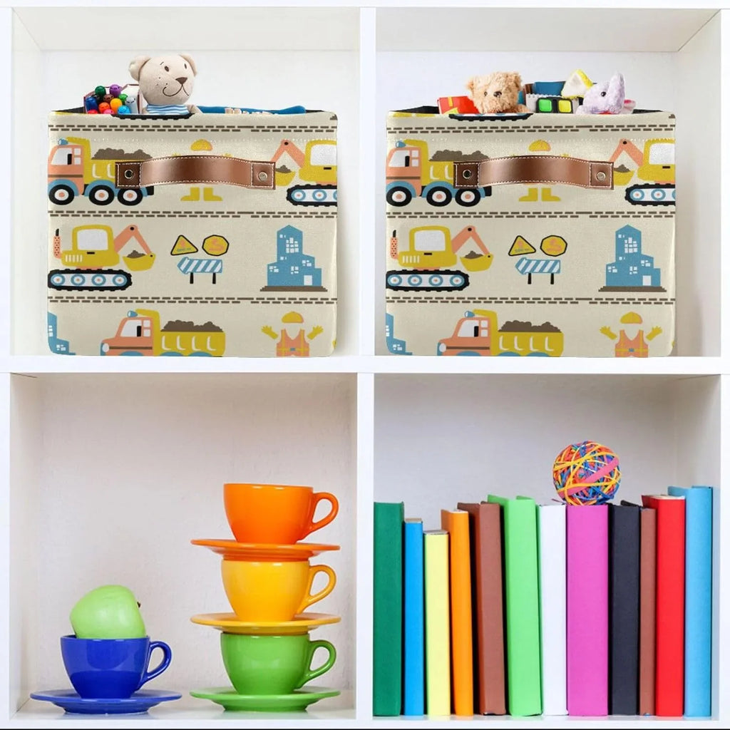 Coolnut Cartoon Construction Truck Storage Basket, Durable Canvas Organizer With Handles Large Collapsible Storage Bins Boxes for Home Office - 2 Pack