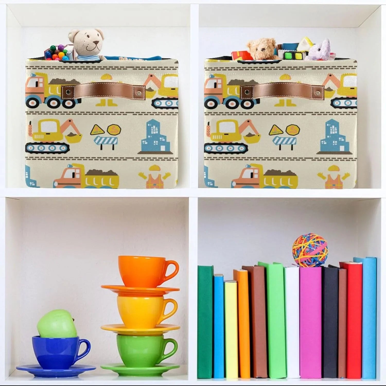 Coolnut Cartoon Construction Truck Storage Basket, Durable Canvas Organizer With Handles Large Collapsible Storage Bins Boxes for Home Office - 2 Pack