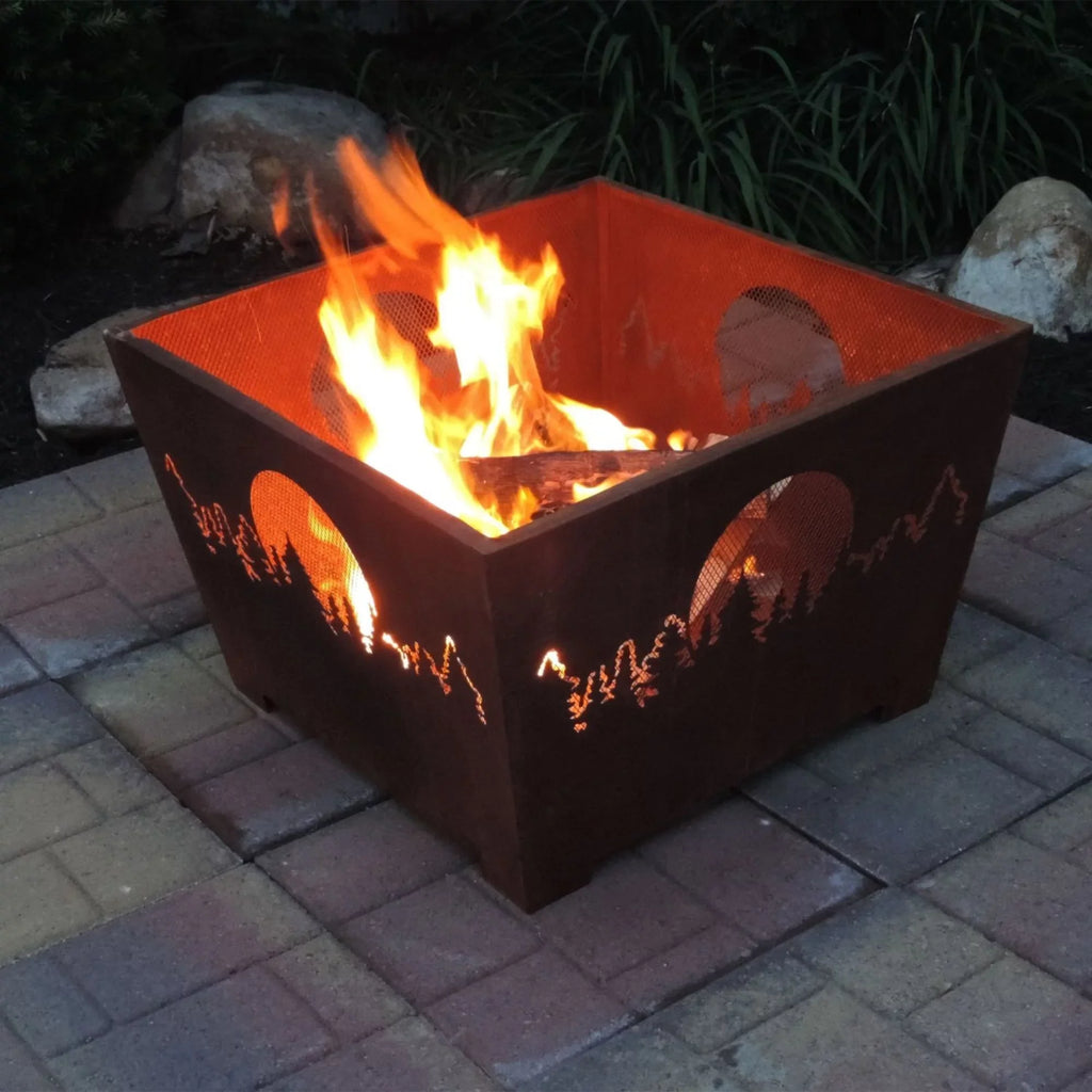 Esschert Design 24" Brown Rustic Finish Forest and Moon Square Outdoor Fire Basket
