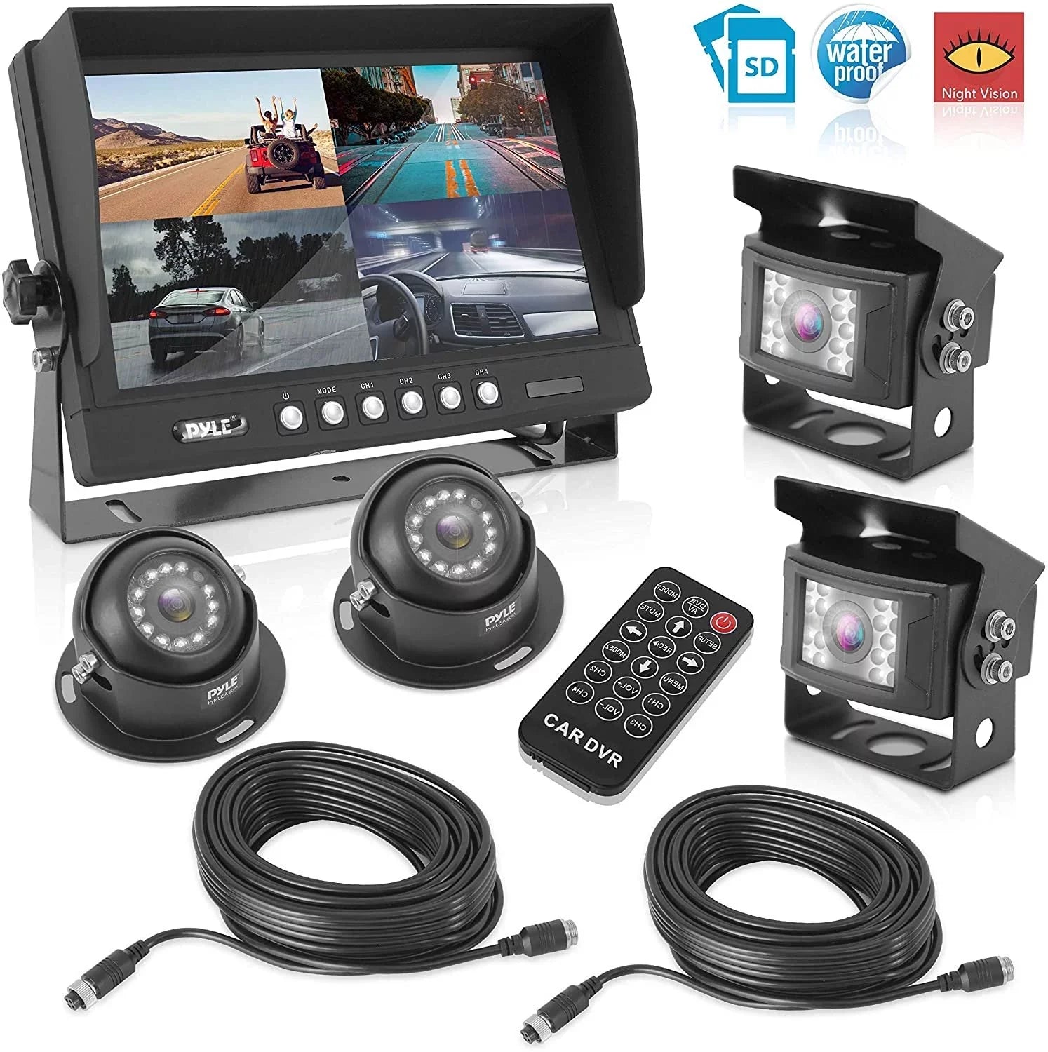 Rear View Backup Camera System -  Parking Reverse Car Truck Vehicle Dual Rearview Back Up Kit w/ 9  Monitor, Night Vision, Tilt-Adjustable, Video Recorder, Universal Mount - Pyle