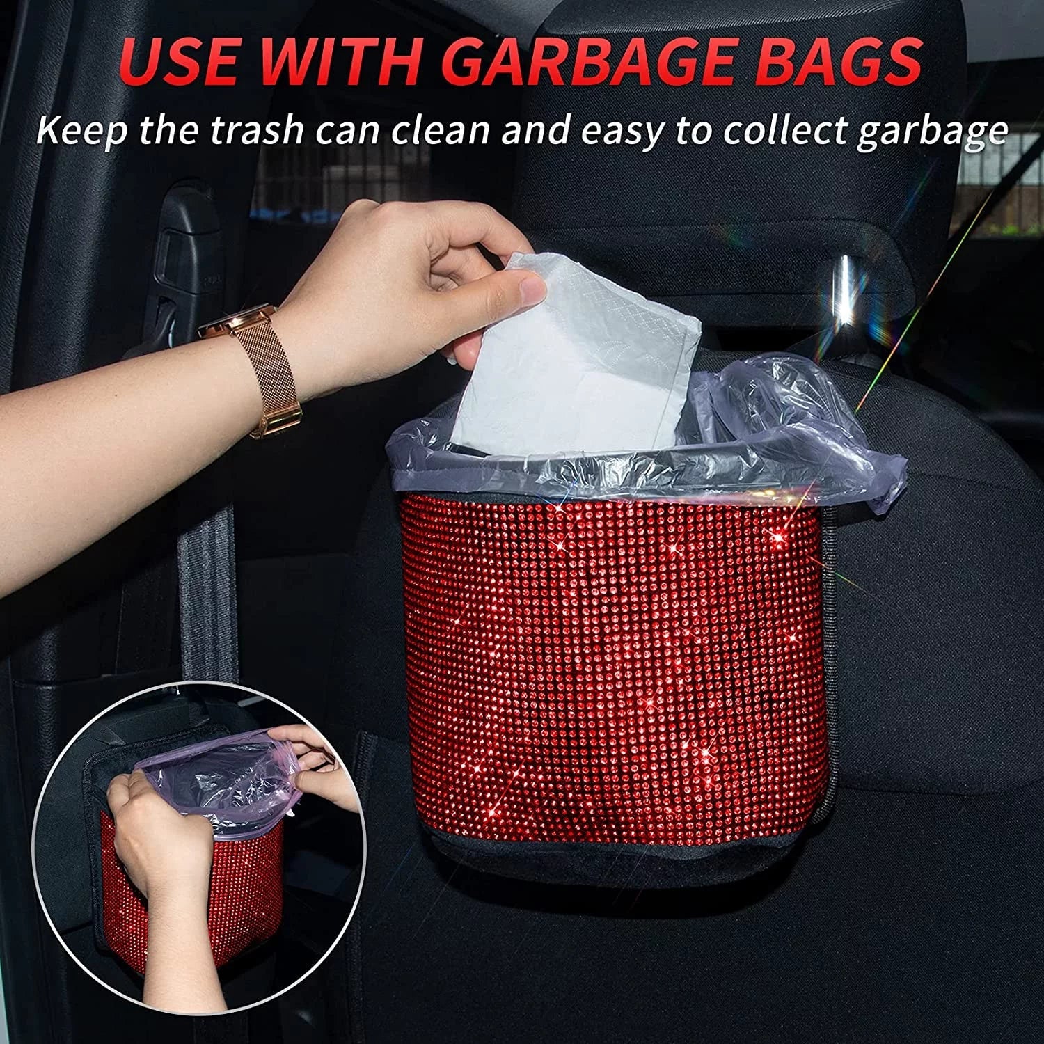 eing Bling Car Handbag Holder Backseat Organizer,Car Net Pocket Between Seat,Back Seat StorageTrash Can,Rhinestones Auto Seat Storage Bag,3-Pack Car Accessories - Plush,Red