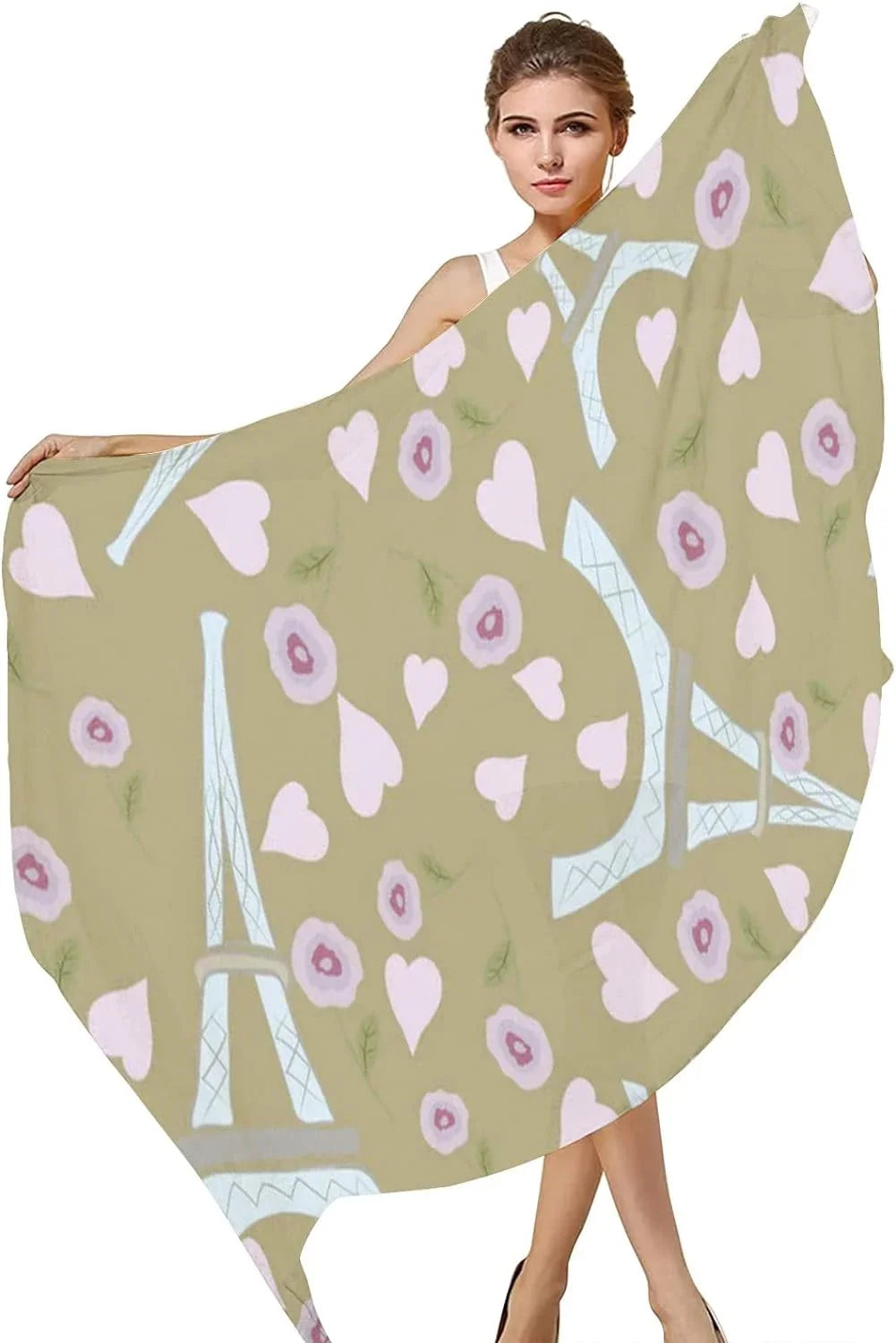 Hyjoy Eiffel Tower Hearts And Rose Long Silk Neck Scarf Lightweight Shawl Wrap Scarves for Women Girls