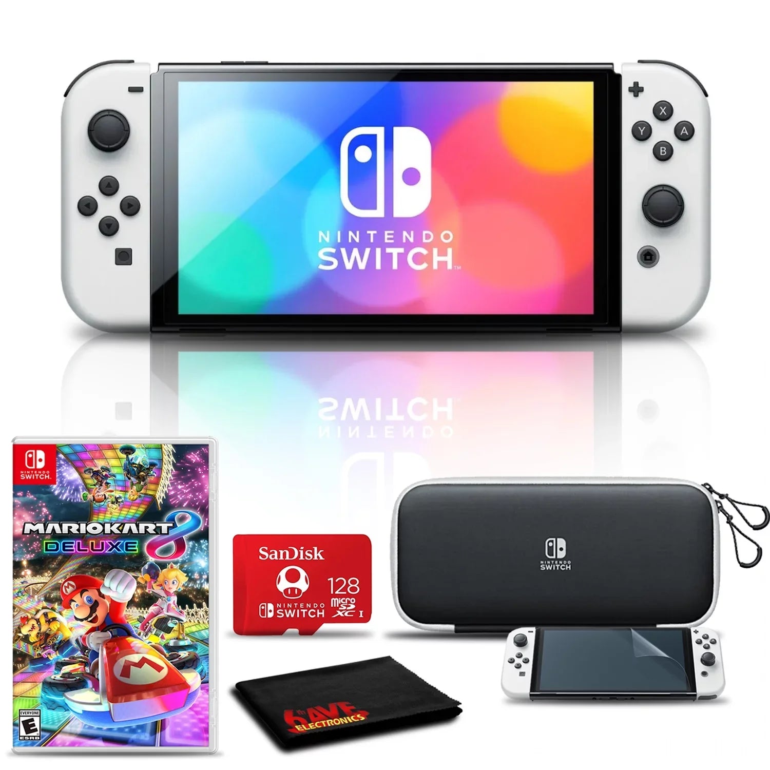 Nintendo Switch  White - Mario Kart 8 Deluxe - Character Group Luigi, Peach + 128GB Card & More