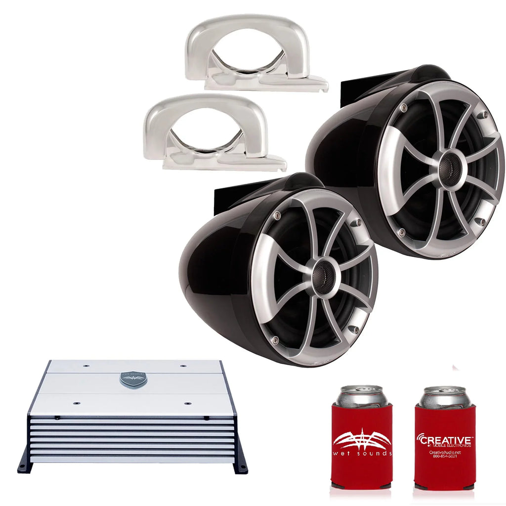 Wet Sounds - 8" Black Tower Speakers with Stainless Steel  Fixed Clamps &  600 Watt Amplifier
