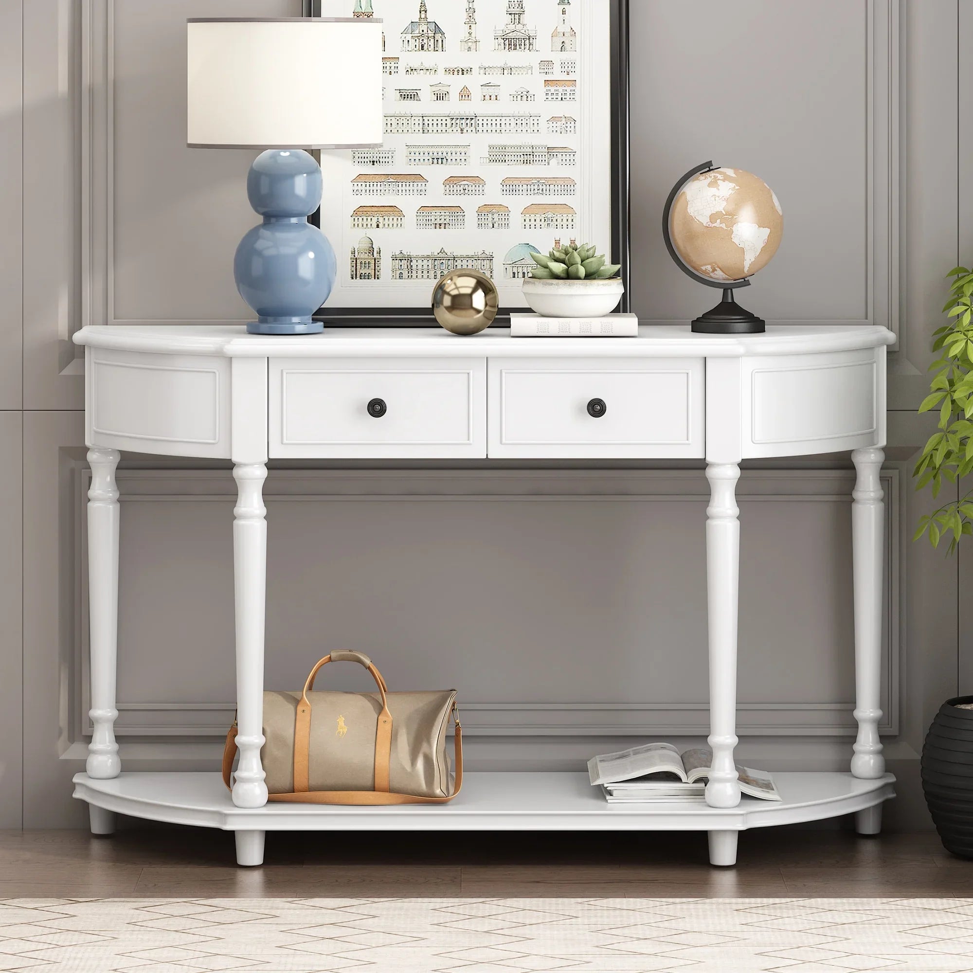 Retro Circular Curved Design Console Table with Open Style Shelf Solid Wooden Frame and Legs Two Top Drawers (White,  : )