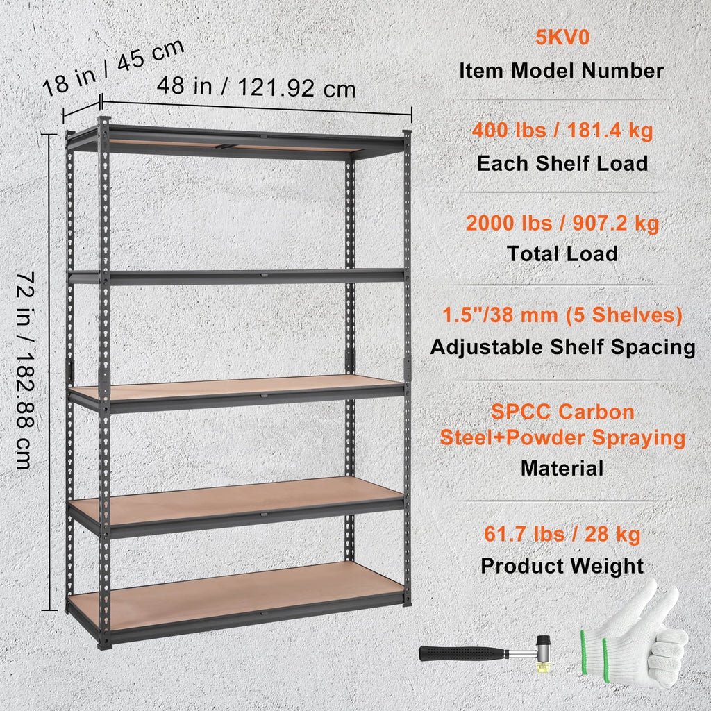 Storage Shelving Unit 72 in.  x 48 in.  x 18 in.  ,Garage Storage Rack 5-Tier Adjustable 2000 lbs Load