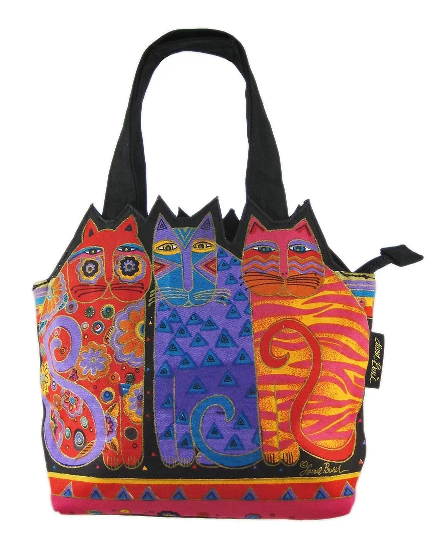 Laurel Burch Medium Tote Zipper Top 12".5".5"-Tres Gatos - Red, Orange & Blue
