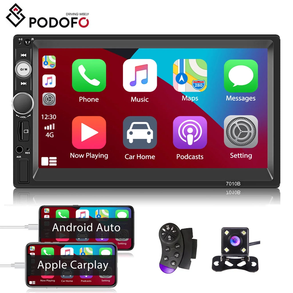 Podofo Double 2 Din 7'' Universal Car Stereo Radio Apple Carplay Android Auto Mirror Link  Touch Screen Car Audio Multimedia Player   Bluetooth  , with Backup Camera