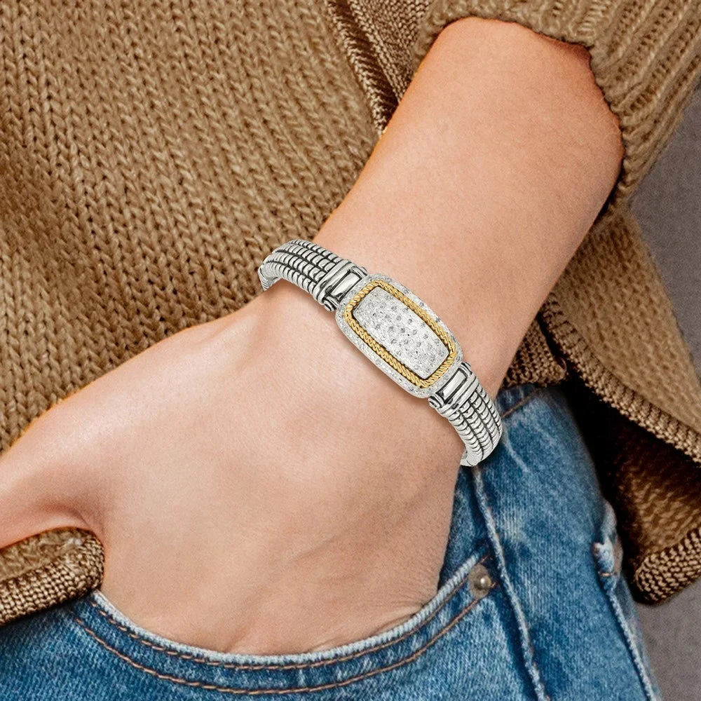 Shey Couture Sterling Silver with 14K Accent Antiqued 1/4 carat Diamond Hinged Bangle Bracelet -