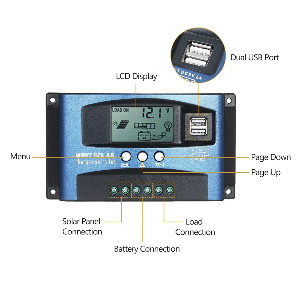 Solar Charge Controller Dual  Solar Controller Smart  Screen  Tracking 5V/2A Dual  Output 12V/24V Automatic Identification